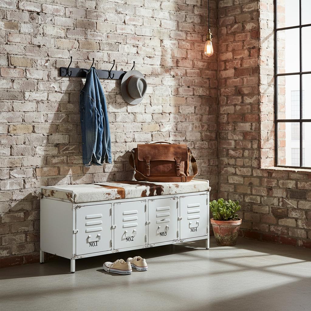 Industrie - Vintage - Sitzbank mit Fellbezug weiss - braun Renew Industrie - Vintage - Sitzbank mit Fellbezug weiss - braun Renew