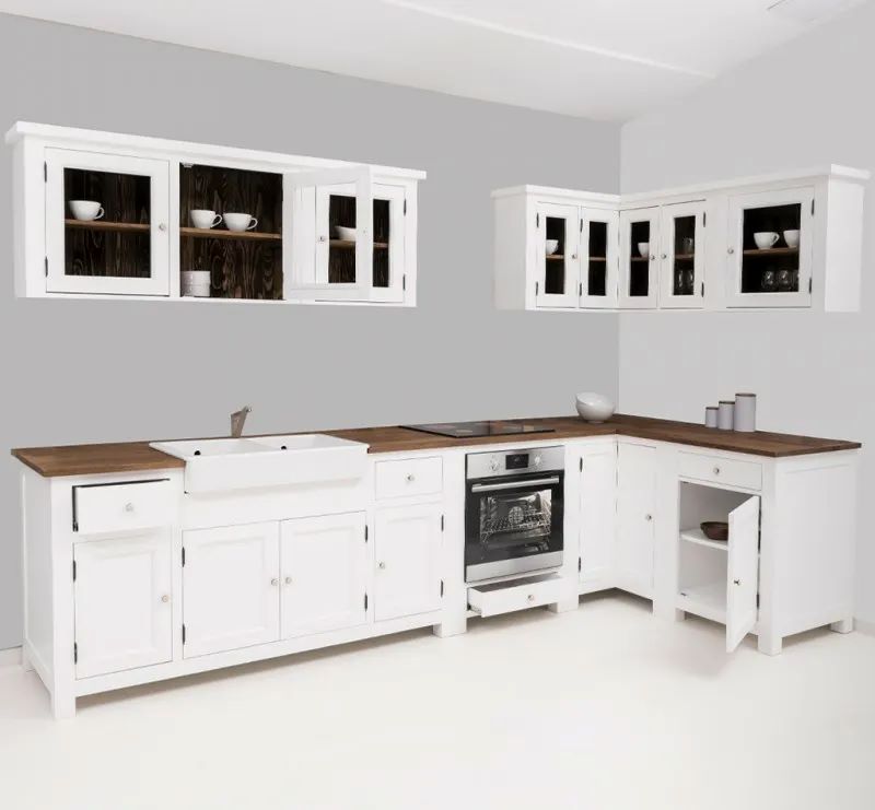 Landhaus Küchenzeile aus Massivholz 345x162 cm – Küche im Landhausstil aus Kiefer & Eiche