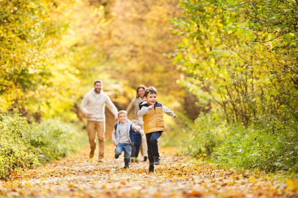 Familie unternimmt einen Spaziergang im herbstlichen Wald