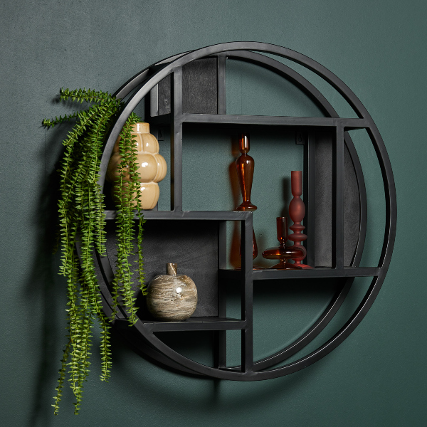 Rundes Wandregal Mangoholz massiv mit Metallrahmen – modern & schwarz Rundes Wandregal Mangoholz massiv mit Metallrahmen – modern & schwarz