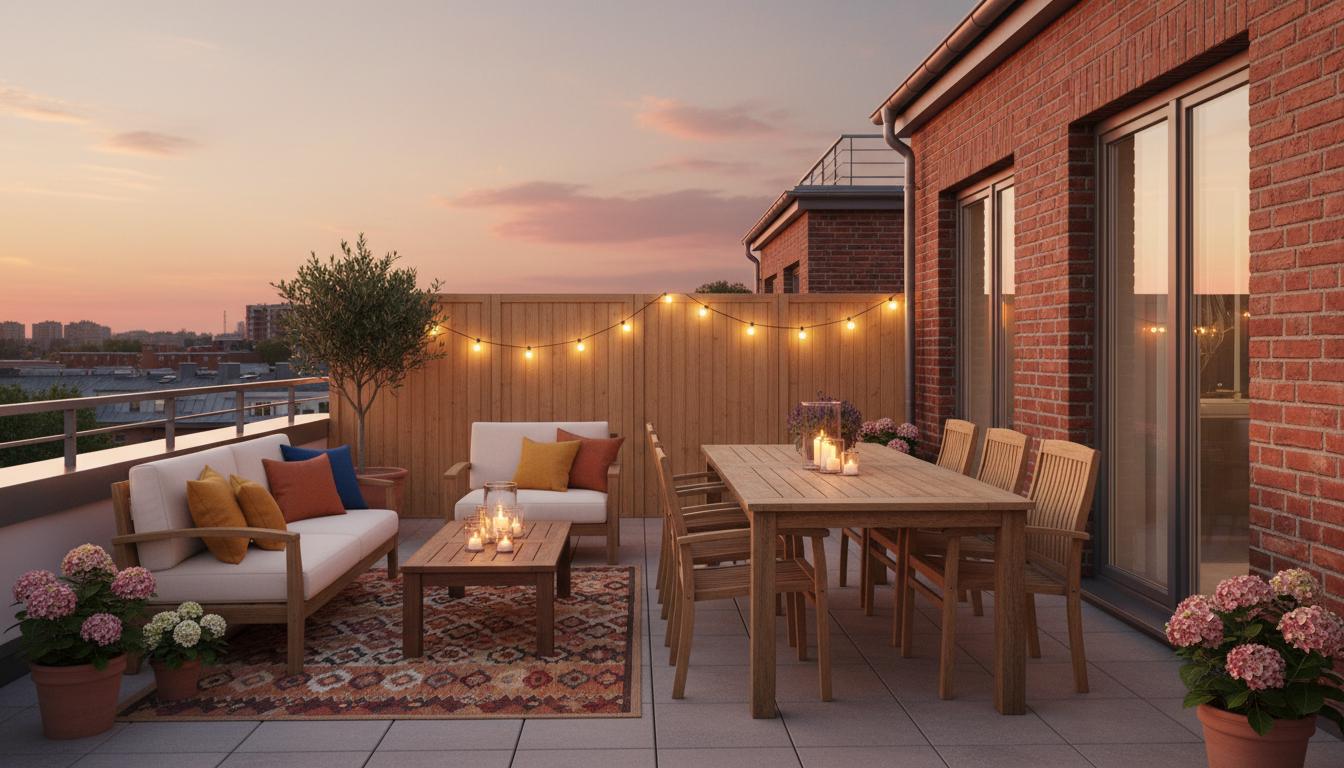 Teilen Sie eine große Dachterrasse in verschiedene Bereiche ein – Essen und Entspannen! Holztisch-Set und Lounge-Sofa auf einer großen Dachterrasse