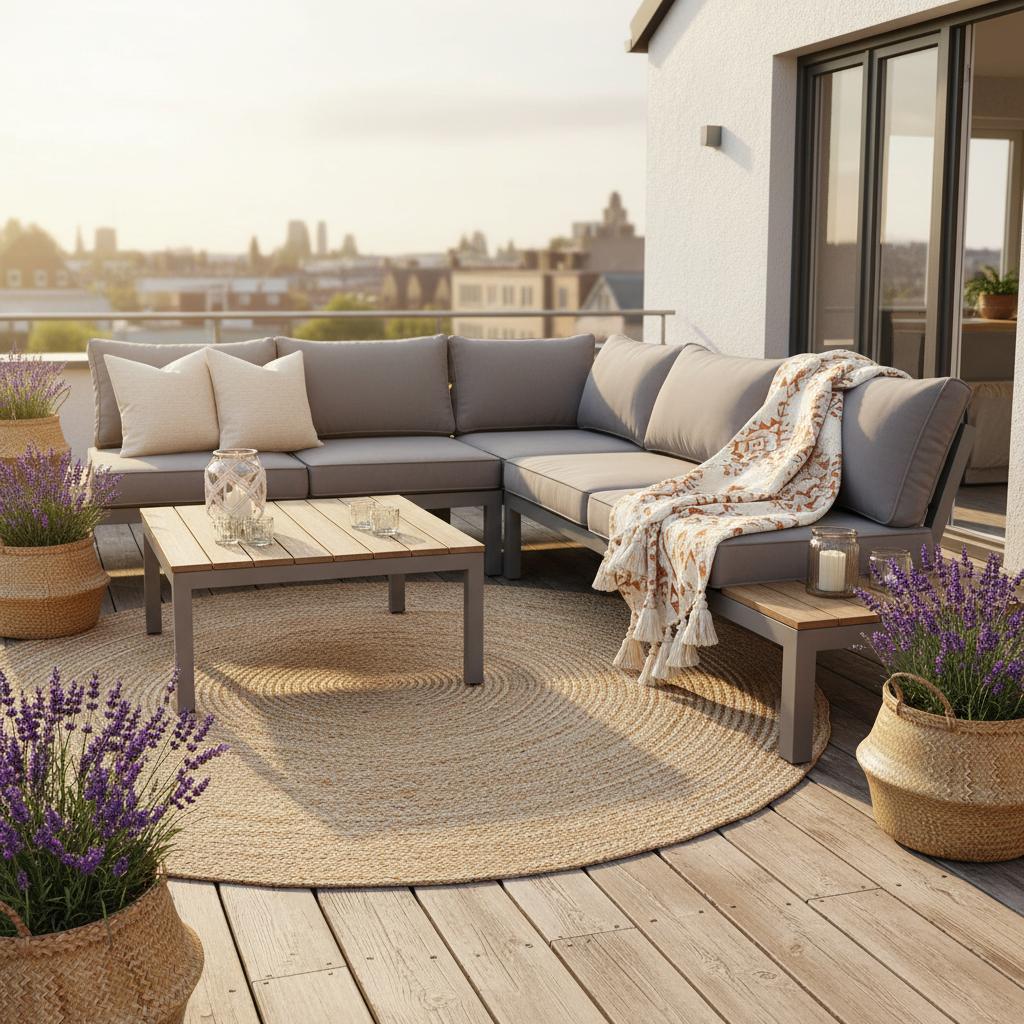 Mediterranes Flair! Vierteiliges Lounge-Sofa mit Kissen lädt zum Verweilen ein. Mediterrane Lounge-Ecke auf der Terrasse