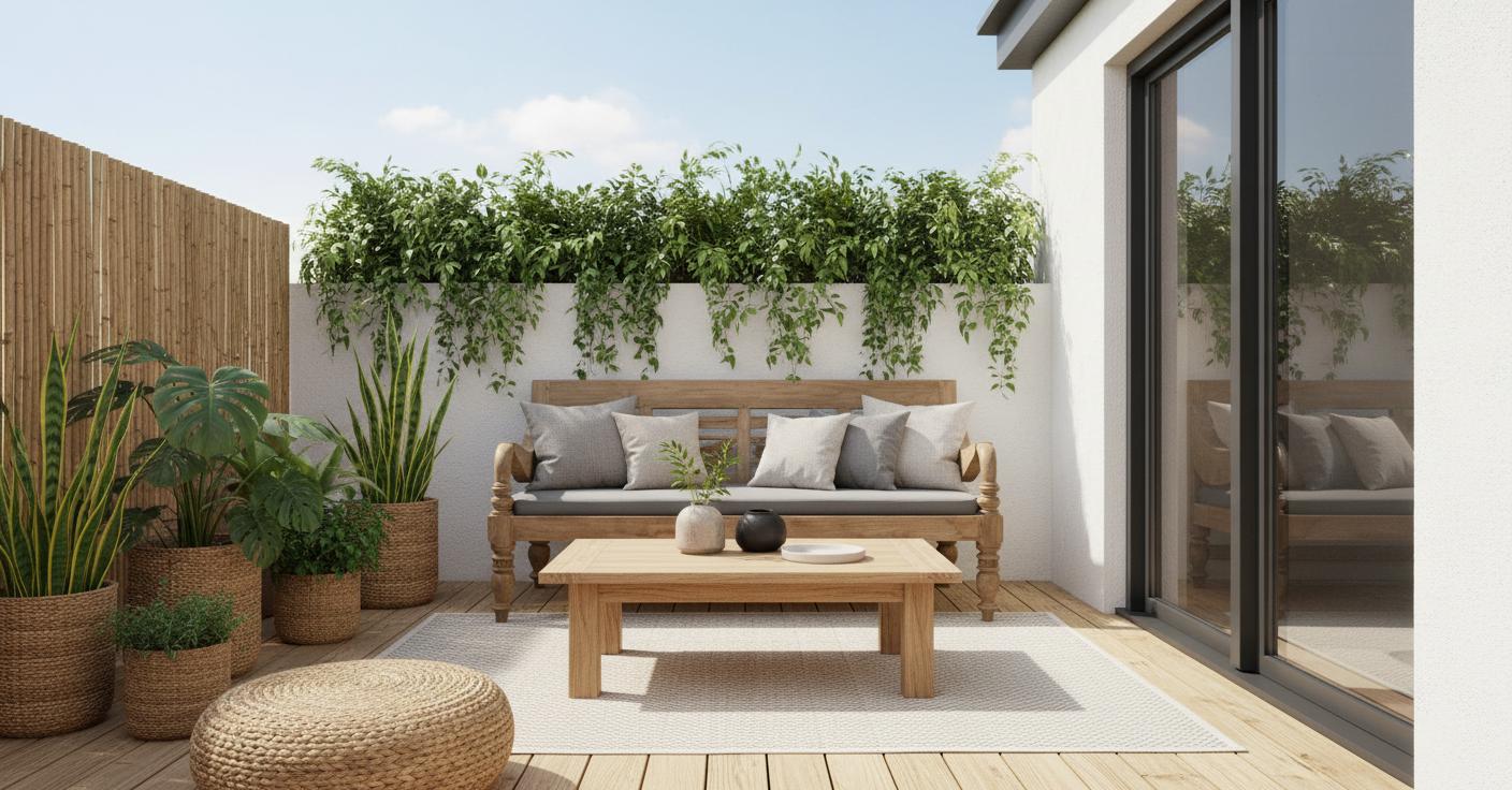 Japanischer Stil: Dezente Möbel aus Massivholz, Holzpaneele und Pflanzen als Sichtschutz Dachterrasse mit Holzbank, Sichtschutz und Pflanzen