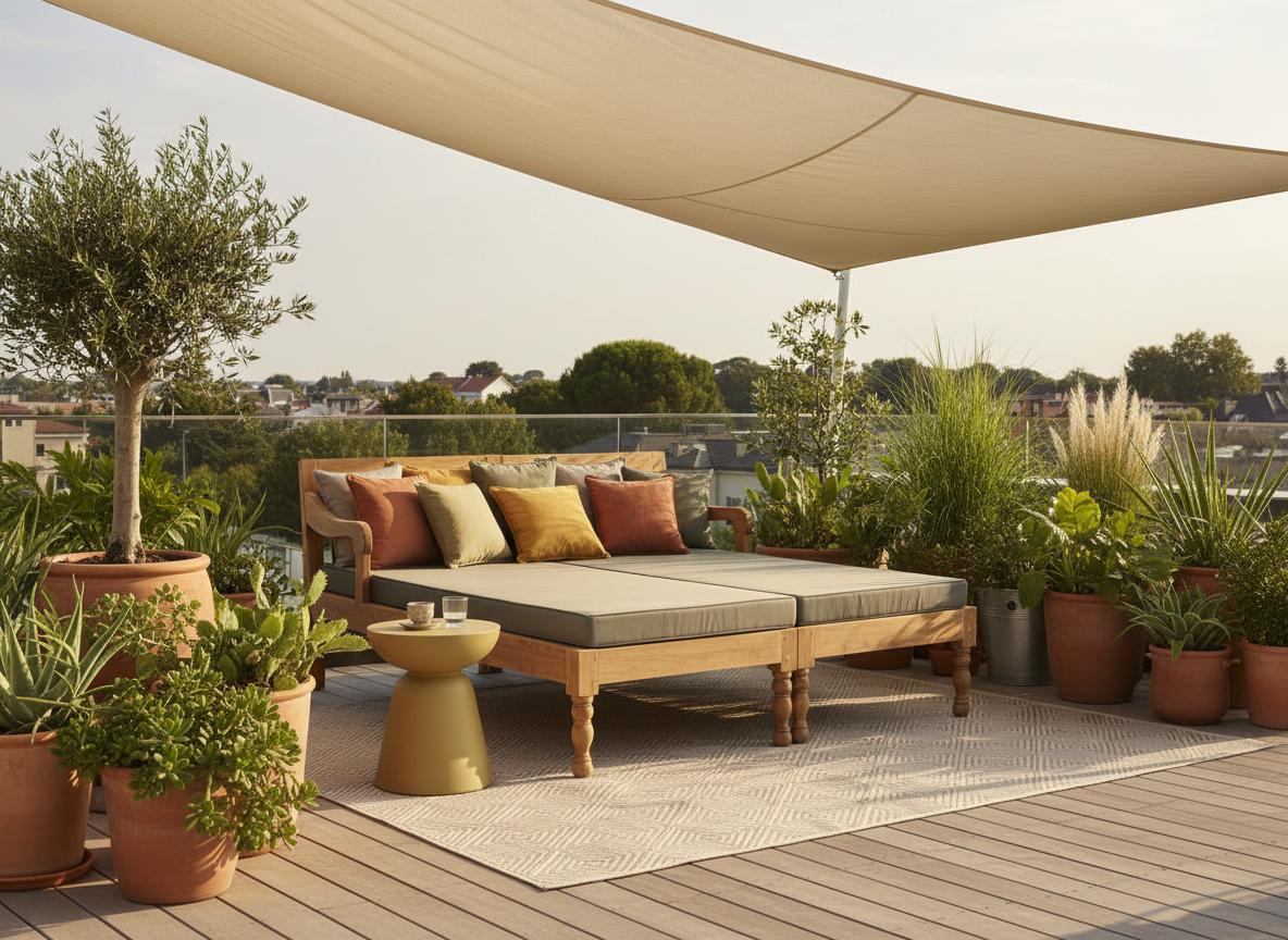 Massive Lounge-Liege für zwei Personen. Das Sonnensegel bietet Schutz vor Hitze. Lounge-Liege für zwei Personen mit Sonnensegel auf der Terrasse