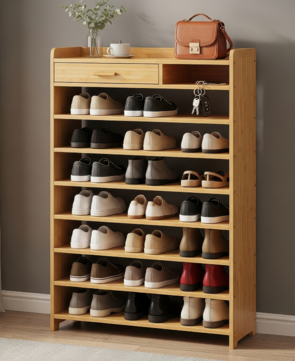 Offene Regale aus Vollholz sind eine ideale Möglichkeit, um Schuhe aufzubewahren Ein Schrank mit Schuhen in einem Flur