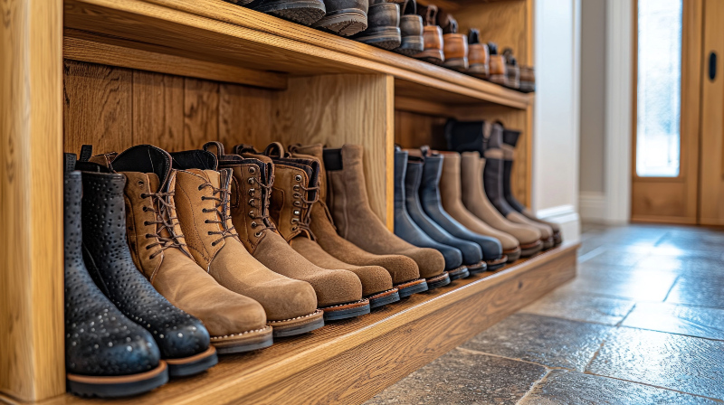 Vor dem Aufbewahren sollte man die Schuhe immer gründlich reinigen Eine Reihe von Stiefeln in einem Flur
