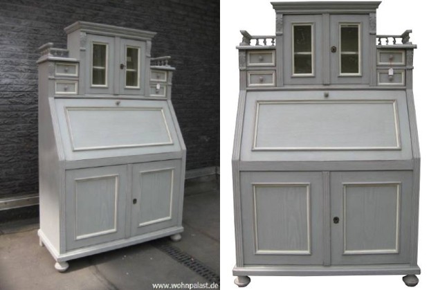 Sekretär Shabby Chic grau Gründerzeit Schreibschrank Massivholz