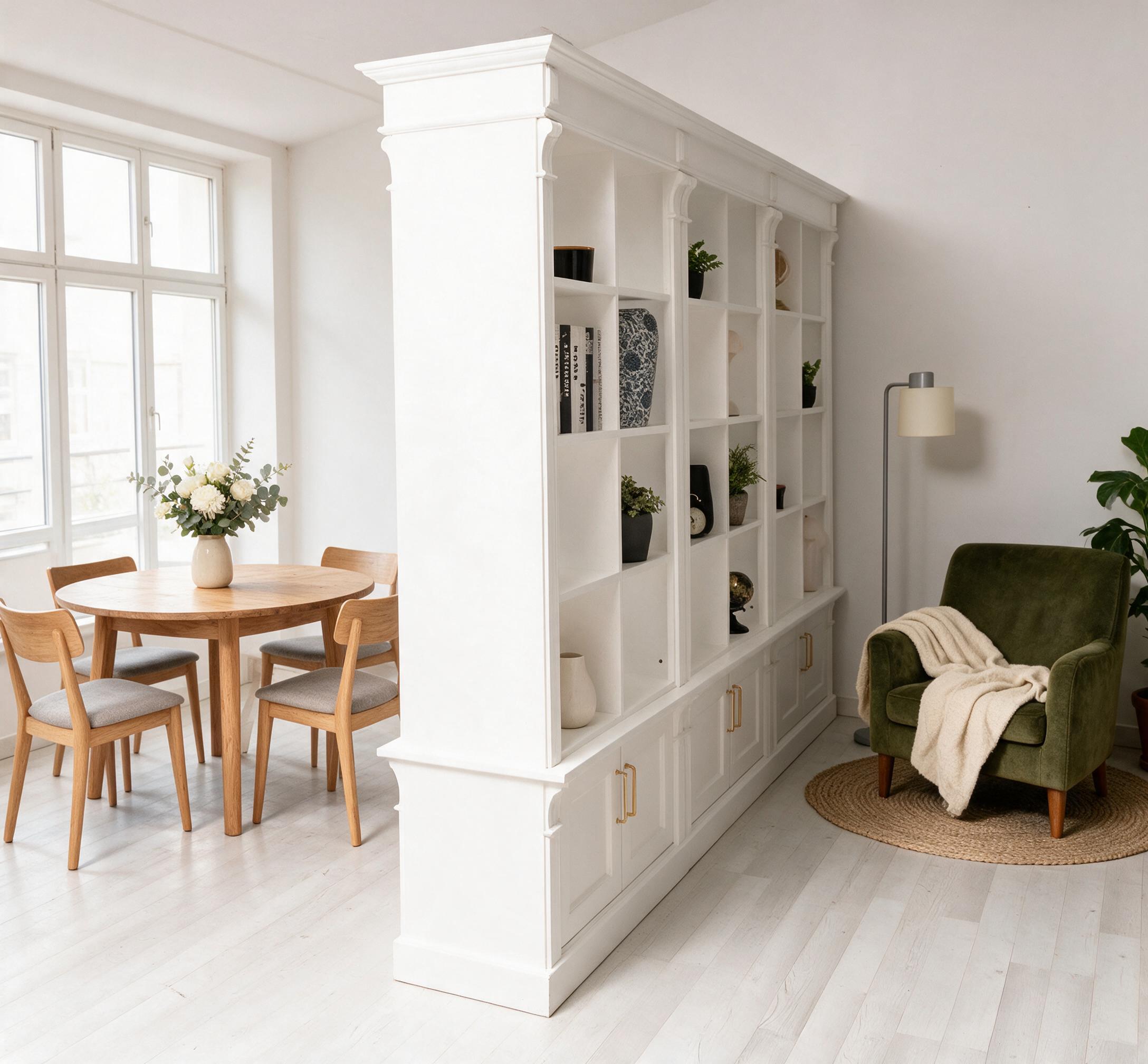 Bücherregal im Landhausstil trennt Wohn- und Essbereich charmant. Bücherregal als Raumtrenner im Wohnzimmer