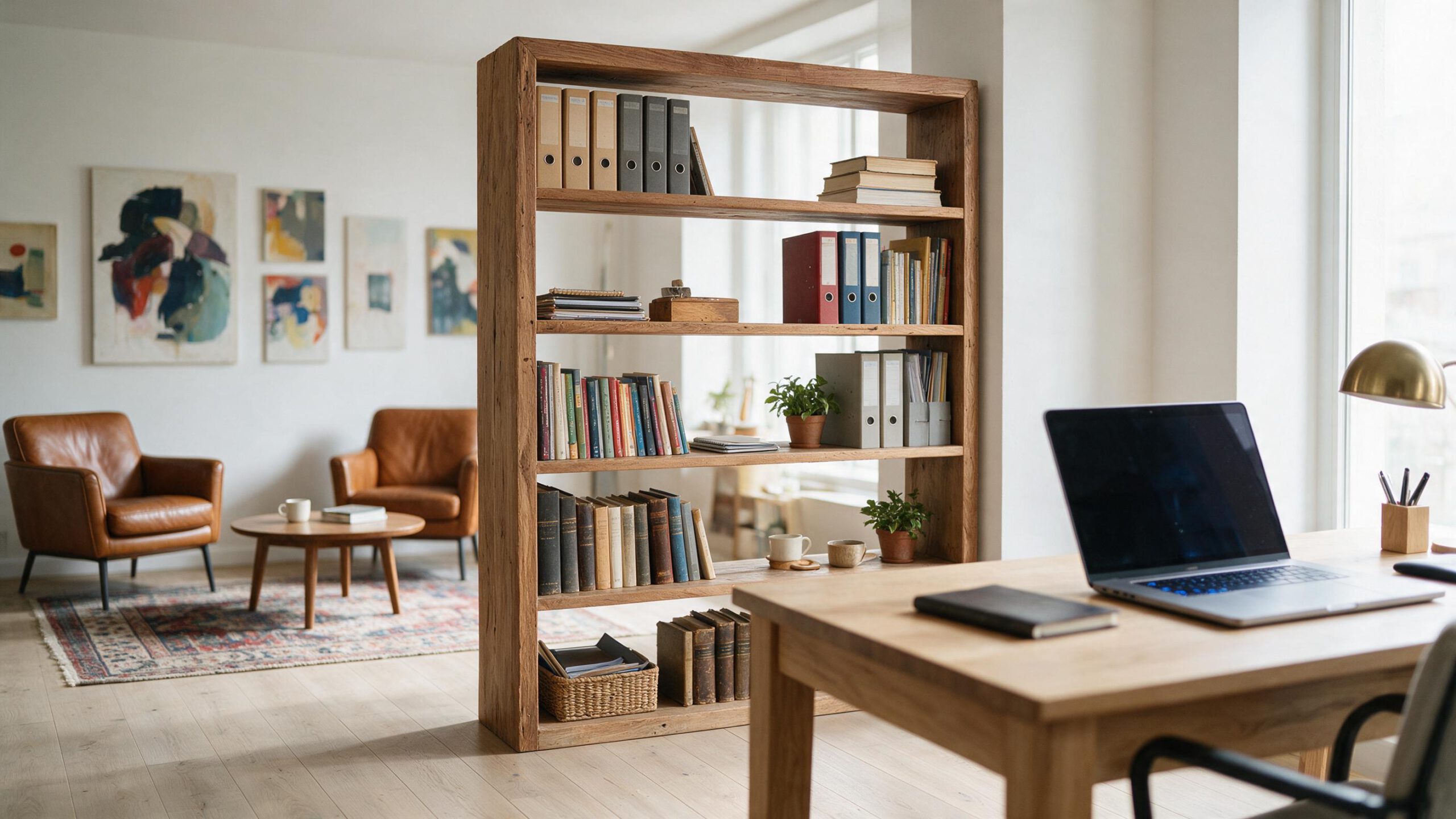 Ein Regal aus Teakholz in den Maßen 200x150x40 cm bietet sich hervorragend als Raumtrenner im Büro an. Regal als Raumtrenner fürs Büro in den eigenen vier Wänden/Homeoffice