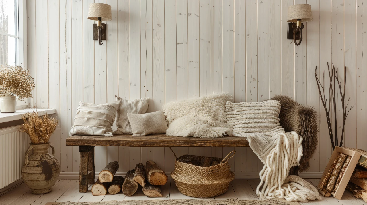 Kuschelige Decken und Kissen schenken dem Country-Stil Gemütlichkeit. Kissen auf einer Holzbank schenken dem Country-Stil seine Gemütlichkeit