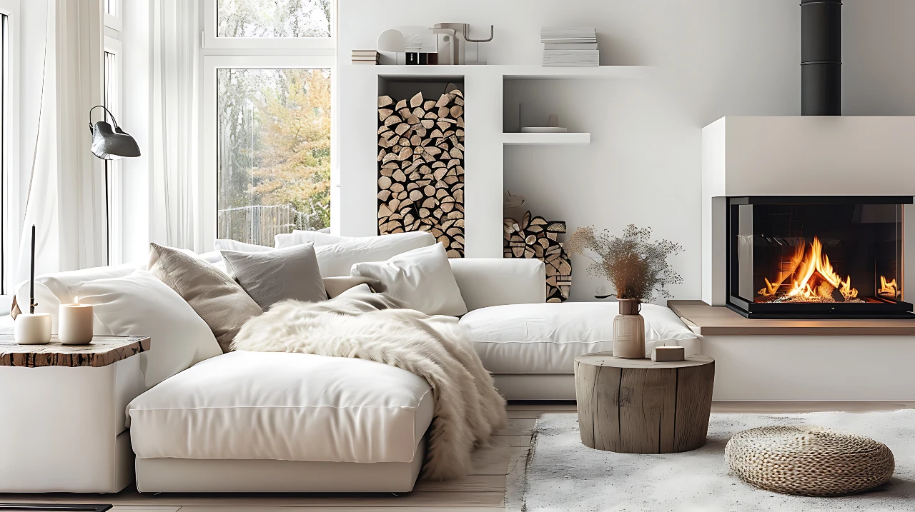 Wohnzimmer im skandinavischen Landhausstil: helles Sofa, Naturholz und erdige Töne. Wohnzimmer im skandinavischen Landhausstil, helles Sofa, Naturholz und erdige Töne