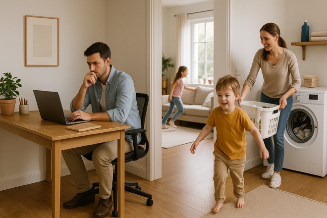 Frau und Kinder stören den Arbeitenden bei der Ausübung seiner Tätigkeit
