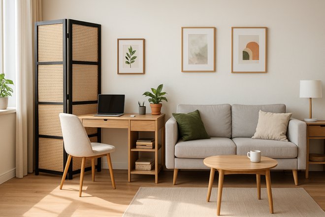 Home Office in einer Ecke des Wohnzimmers