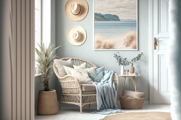 Rattanmöbel und helle Wände für Strandhaus-Stil