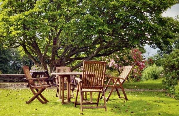 Gartenmöbel unter einem Baum - Holz im Garten