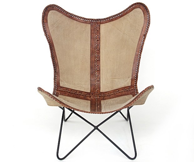 Leder-Baumwolle Stuhl Schmetterling Braun / Metallgestell 