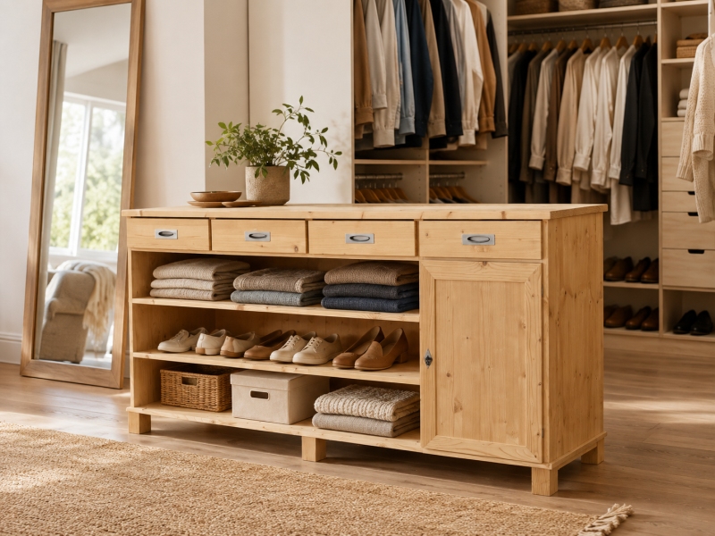 Landhaus Sideboard aus Weichholz – 200 cm – mit offenen Regalfächern Landhaus Sideboard aus Weichholz – 200 cm – mit offenen Regalfächern