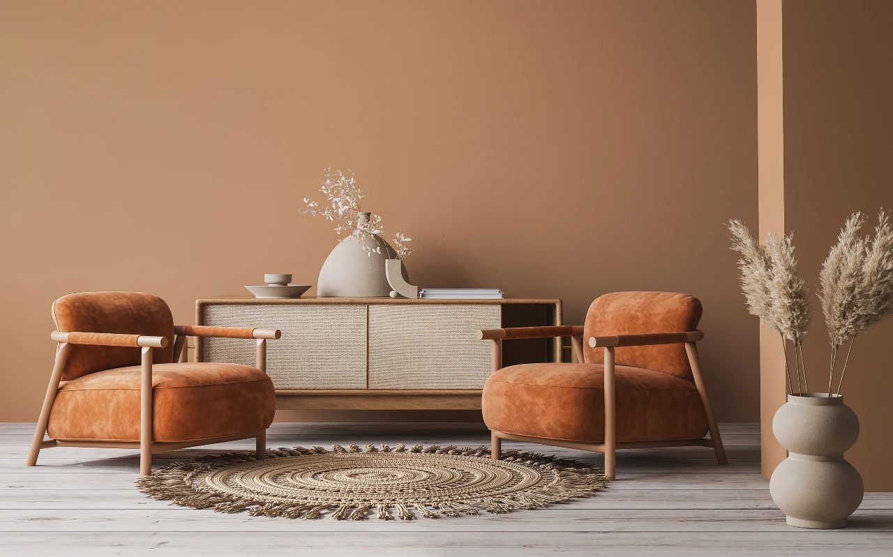 Muss nicht immer Beige sein! Boho-Style-Wohnzimmer in der Farbe Terracotta. Boho-Style-Wohnzimmer in der Farbe Terracotta