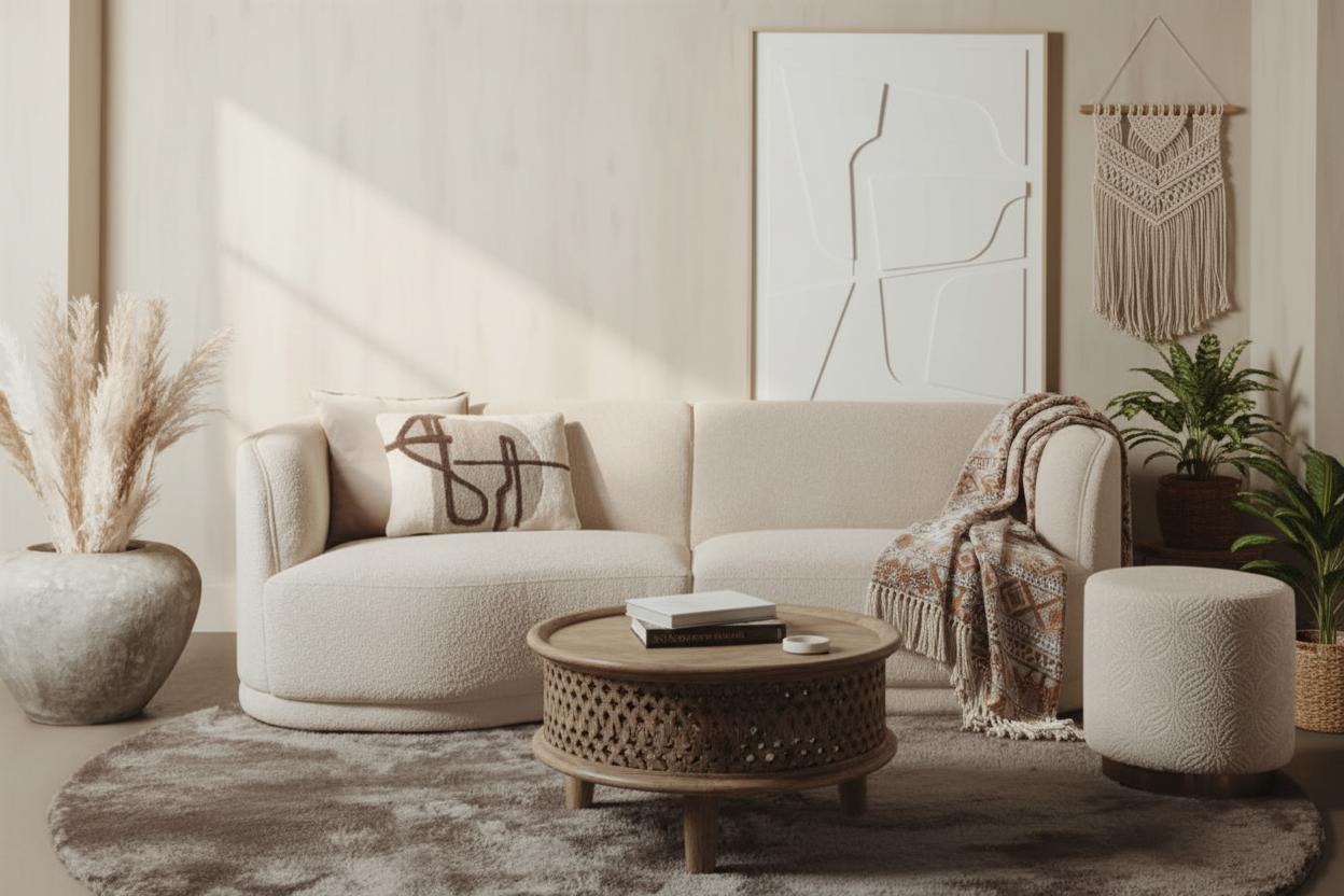 Ein kuscheliges Loungesofa mit Bouclé Stoff ist der Eyecatcher im Boho-Einrichtungsstil. Leicester Copenhagen Sofa im Boho-Style-Wohnzimmer