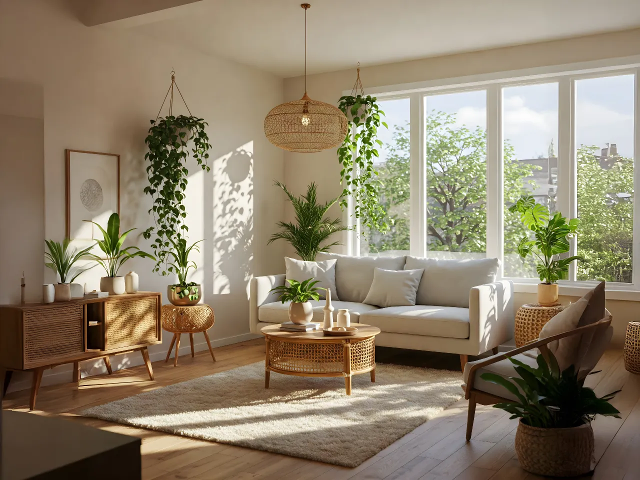 Ein lichtdurchflutetes Wohnzimmer mit vielen grünen Pflanzen, die zum Boho-Einrichtungsstil dazugehören