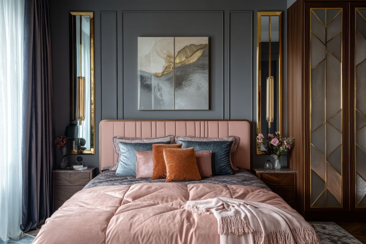 Optimale Raumnutzung mit hohen Möbeln, tollen Farben und idealer Raumwirkung dank Spiegeln. Kleines Zimmer wunderbar genutzt als schicker und gemütlicher Schlafraum