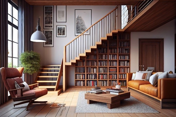 Bücherregal unter einer Treppe im Wohnzimmer