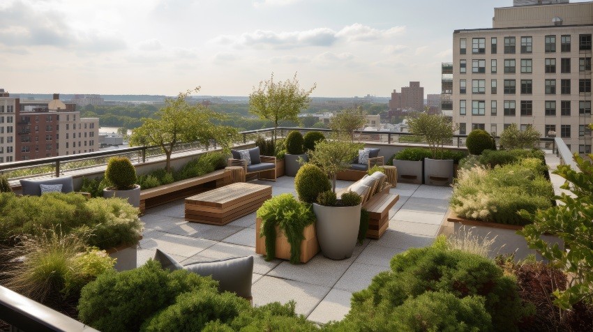 Dachterrasse mit Gartenmöbeln und Pflanzen - Dachgarten gestalten