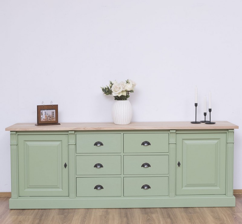 Landhaus Sideboard 6 Schubladen und 2 Türen - Anrichte Massivholz in Salbei