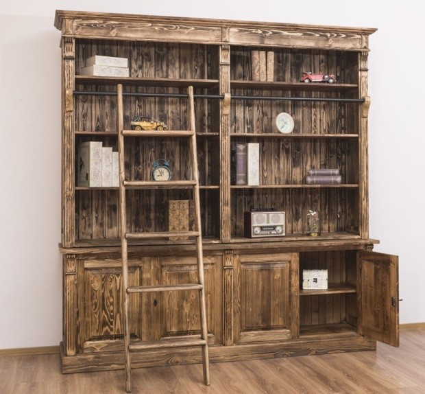 Bücherschrank im Landhaus Stil - Massivholz Regal mit Leiter