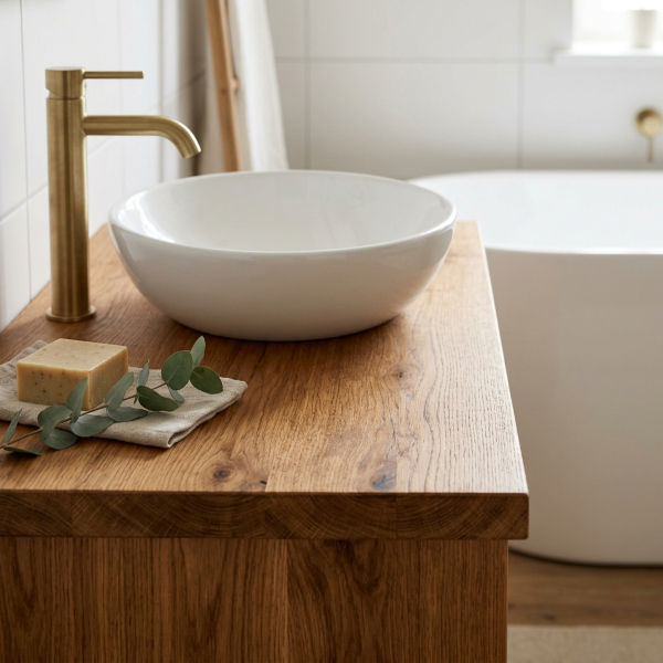 Naturholz trifft Keramik – Detail eines Waschtischs im Badezimmer im Landhausstil Badezimmer im Landhausstil mit Holz-Waschtisch und rundem Aufsatzwaschbecken aus Keramik