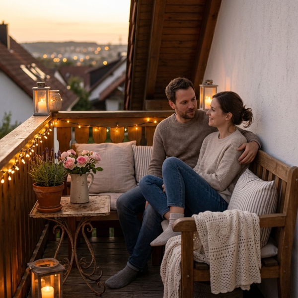 Balkon im Landhausstil gestalten Balkon im Landhausstil mit Holzmöbeln, Lavendel und roten Geranien in Tontöpfen