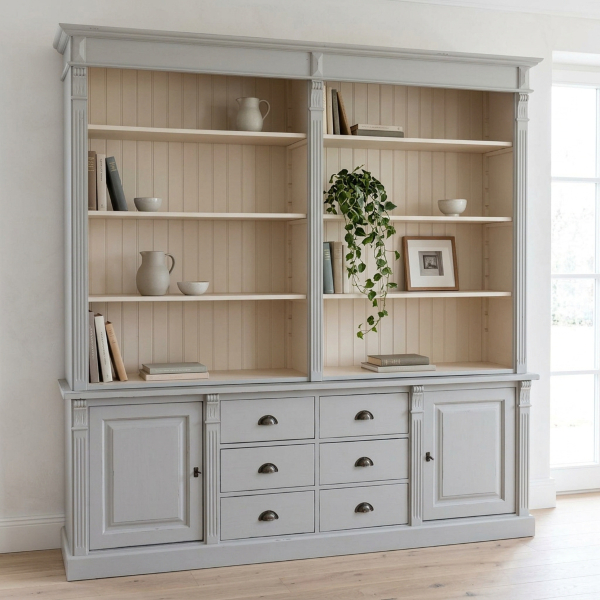 Regale als Bühne – grauer Bücherschrank mit bewusst gesetzter Deko Grauer Landhaus-Bücherschrank mit locker dekorierten Regalböden