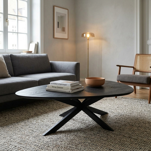 Couchtisch New York aus Mangoholz in Tropfenform Tropfenförmiger Couchtisch aus schwarzem Mangoholz mit Metallgestell