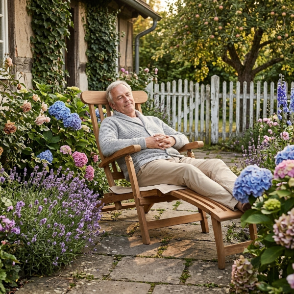 Deck Chair Sonnenliege aus Teakholz – klappbarer Steamer für den Garten Mann entspannt auf einer Deck Chair Sonnenliege aus Teakholz im Landhausgarten