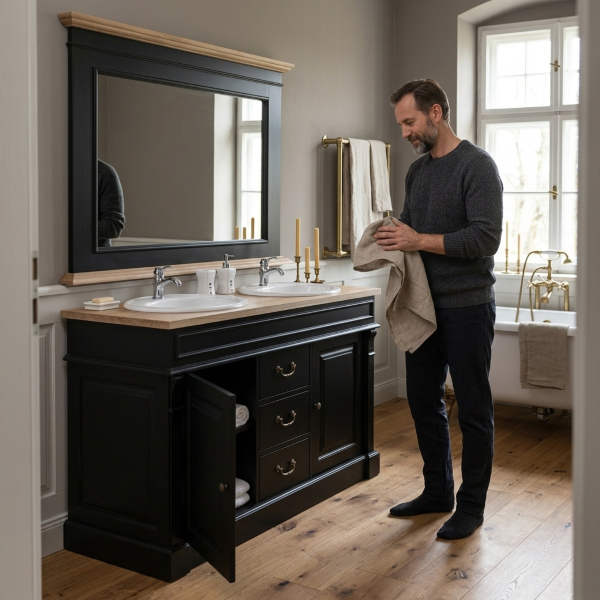 Dunkles Badezimmer im Landhausstil mit schwarzem Doppelwaschtisch, Eichenplatte und Messinggriffen Schwarzer Doppel-Waschtisch mit Eichenplatte und passendem Spiegel im eleganten Landhausbad