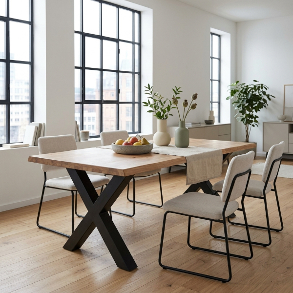 Materialkontrast aus Akazienholz und Metall beim Wohnzimmer dekorieren Esstisch aus Akazienholz mit schwarzem X-Gestell in einem hellen Wohn-Essbereich