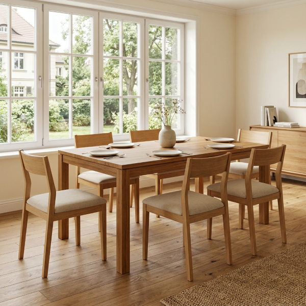 Esstisch Java aus Teakholz, ausziehbar, im Esszimmer Ausziehbarer Esstisch aus massivem Teakholz mit gepolsterten Stühlen im hellen Esszimmer