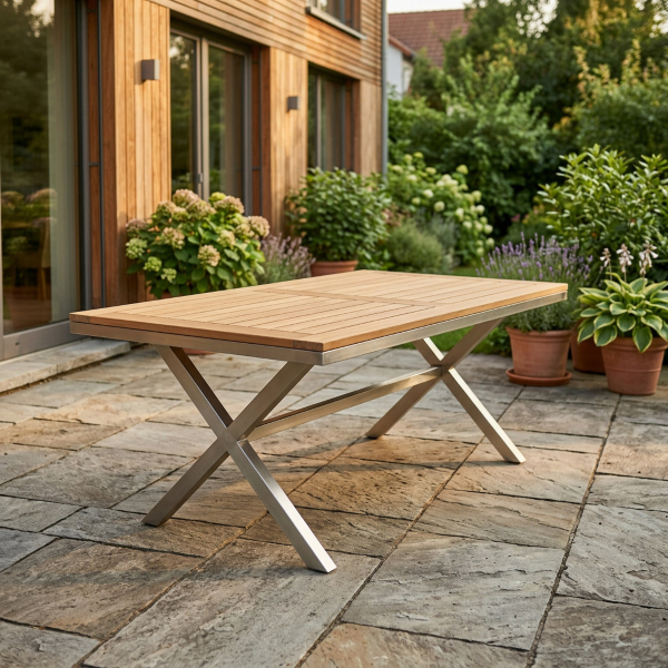 Teakholz Gartentisch mit X-Gestell auf der Terrasse Gartentisch aus Teakholz mit Edelstahl-X-Gestell auf einer Natursteinterrasse