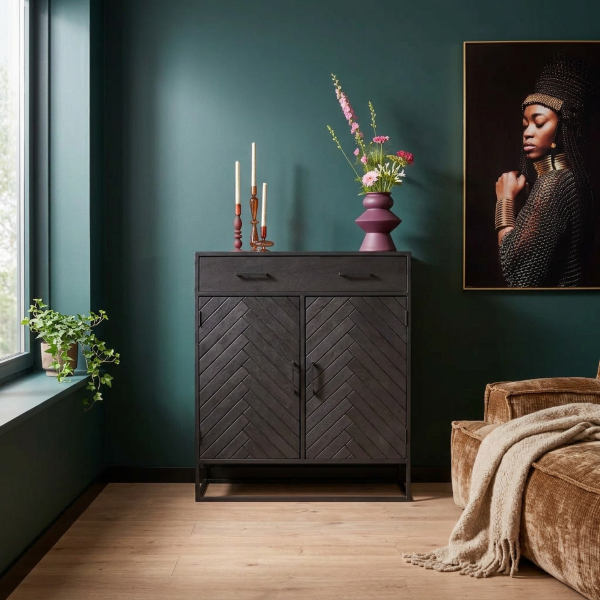 Kommode New York aus massivem Mangoholz Schwarze Kommode mit Fischgrätmuster und schmalem Metallgestell