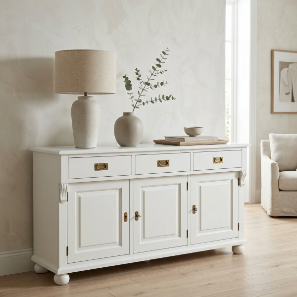 Deko-Ideen anordnen – Staffelung aus Lampe, Vase und Tablett auf dem Sideboard Weißes Landhaus-Sideboard mit gestaffelter Deko aus Tischlampe, Vase und Holztablett