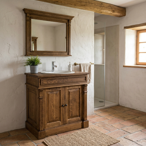 Massivholz-Waschtisch aus Eiche – rustikales Landhausbad mit Natursteinboden Rustikaler Waschtisch aus massiver Eiche im Badezimmer im Landhausstil mit Dusche