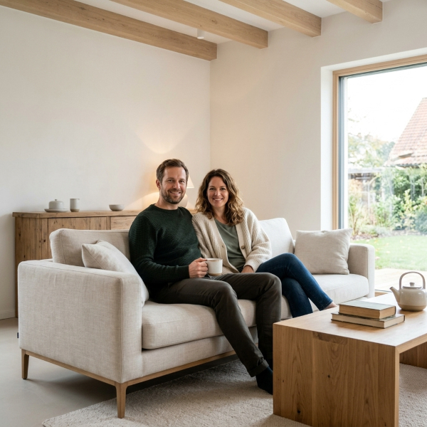 Wohnzimmer im Landhausstil modern einrichten Paar entspannt auf hellem Sofa in einem modern eingerichteten Wohnzimmer im Landhausstil mit Massivholz-Sideboard