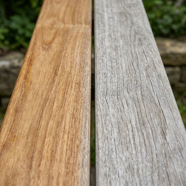 Teakholz Farbwirkung: Honigbraun und silbergraue Patina im Vergleich Zwei Teakholzlatten im Vergleich: warmer Honigbraunton und silbergraue Patina