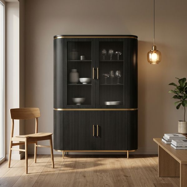 Rivello Vitrinenschrank in Schwarz mit Glastüren Schwarzer Vitrinenschrank mit gerillter Front, Glastüren und Messingakzenten