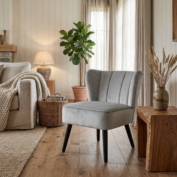 Sessel im Landhausstil Hellgrauer Samtsessel als moderner Akzent neben rustikalem Holz in einem Wohnzimmer im Landhausstil