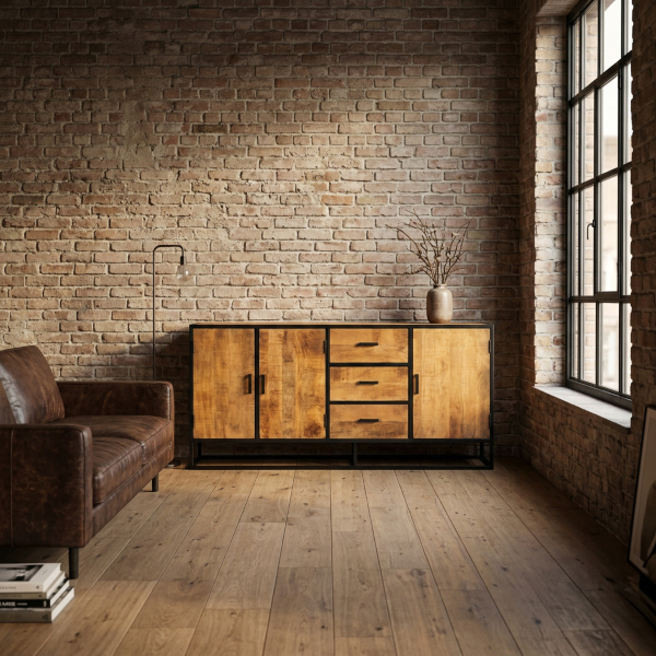 Sturdy Sideboard aus Mangoholz mit Stahlgestell Sideboard aus hellem Mangoholz mit schwarzem Stahlgestell im Industriestil