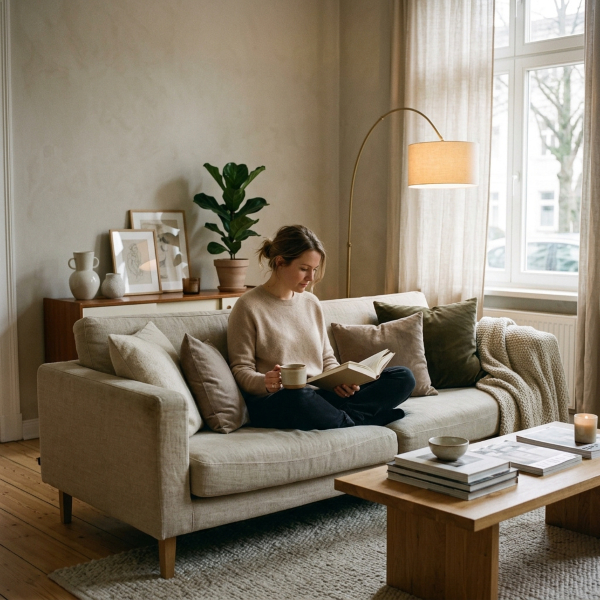 Wohnzimmer dekorieren – warmes Gesamtbild mit Leinensofa und Bogenleuchte Gemütlich dekoriertes Wohnzimmer mit Leinensofa, Bogenleuchte und warmen Naturtönen