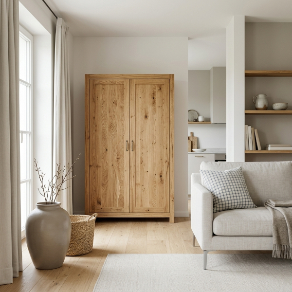Modernes Wohnzimmer im Landhausstil mit Massivholz Helles Wohnzimmer im Landhausstil modern eingerichtet mit Massivholz-Schrank aus Eiche und neutralem Sofa