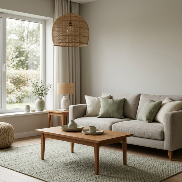 Teakholz Couchtisch im Wohnzimmer mit Leinensofa und Naturtönen Helles Wohnzimmer mit Couchtisch aus Teakholz, Leinensofa und salbeigrünen Akzenten