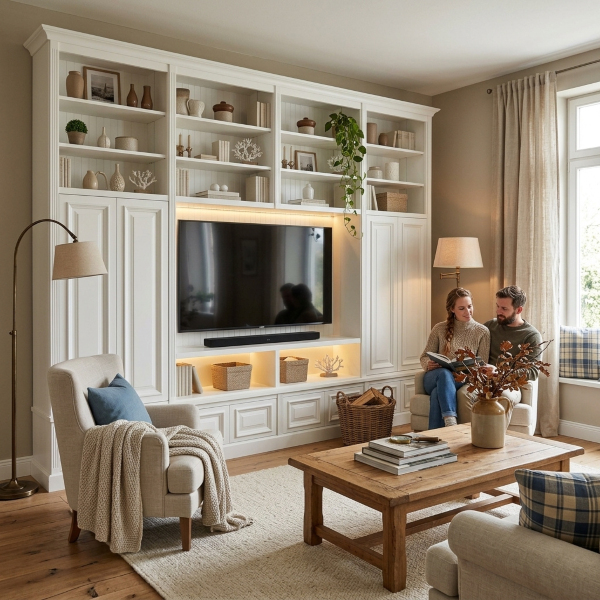 Wohnzimmerbibliothek mit integriertem TV-Bereich Weiße Wohnzimmerbibliothek aus Massivholz mit integriertem Fernseher in einem modernen Landhaus-Wohnzimmer